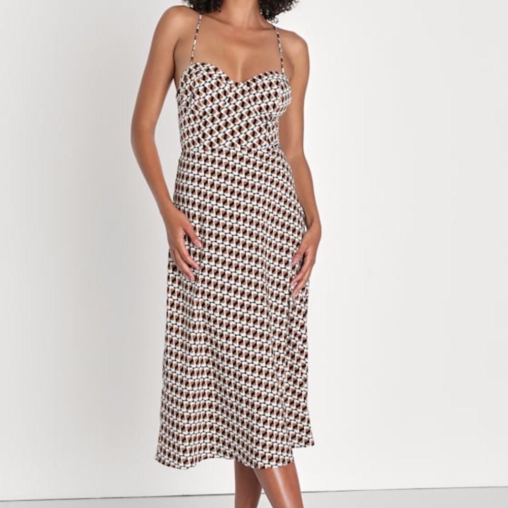 Lulus Retro Aesthetic Brown Geo Print Lace-up Backless Midi Dress - Size S